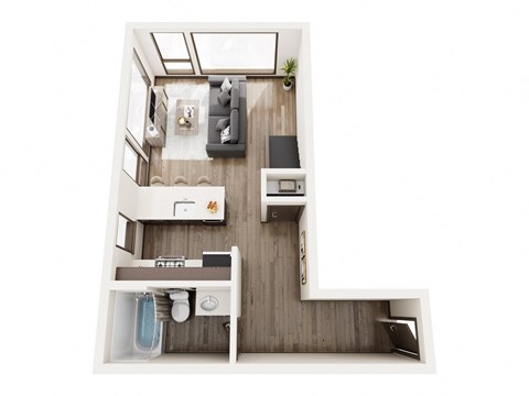 a stylized floor plan with a bedroom and a living room